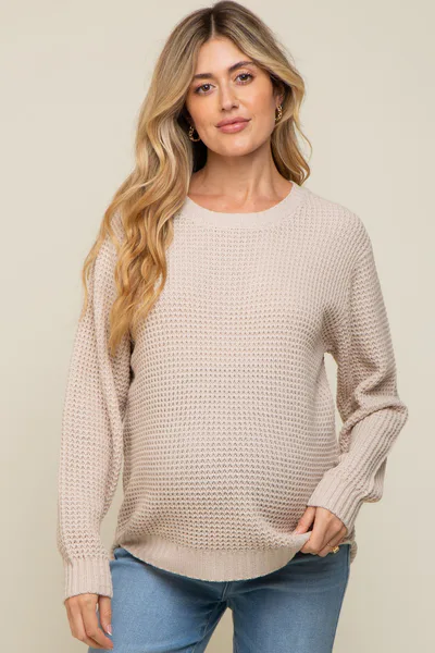 PinkBlush Beige Waffle Knit Round Hem Sweater