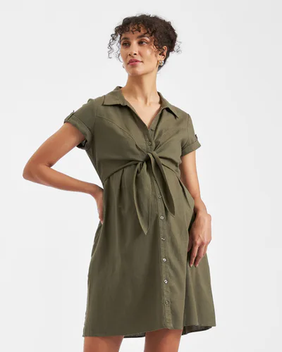 Ripe Maternity Colette Tie Up Linen Dress Olive