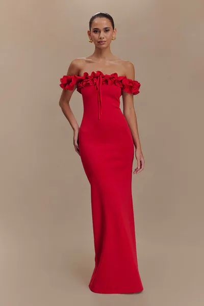 MESHKI Nova Ruffle Off Shoulder Maxi Dress - Ruby
