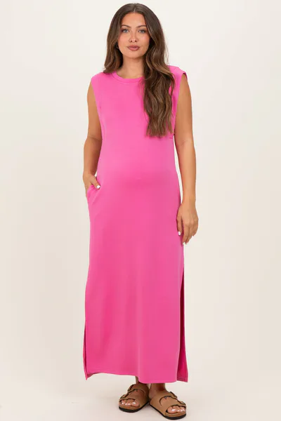 PinkBlush Pink Sleeveless Side Slit Maternity Midi Dress