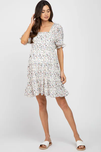 PinkBlush Ivory Printed Puff Sleeve Maternity Tiered Dress