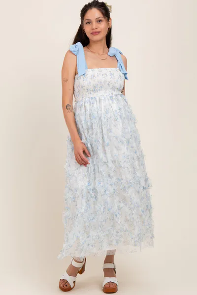 PinkBlush Light Blue Floral Smocked Shoulder Tie Ruffled Maternity Midi Dress