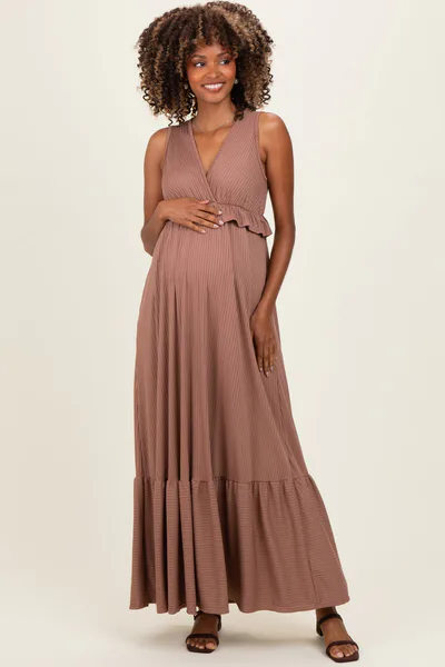 PinkBlush Mocha Ribbed Sleeveless V-Neck Ruffle Tiered Maternity Maxi Dress