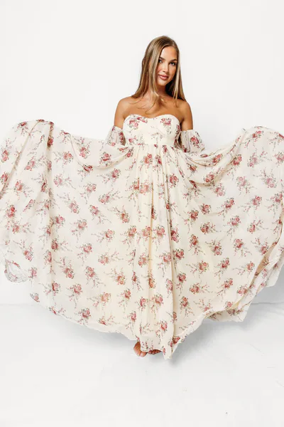 Worth Collective Delilah Floral Maxi Dress with Train in Buttercream/Red - Bump Friendly *9/17 PRE-ORDER*