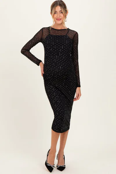 PinkBlush Black Rhinestone Mesh Long Sleeve Maternity Midi Dress