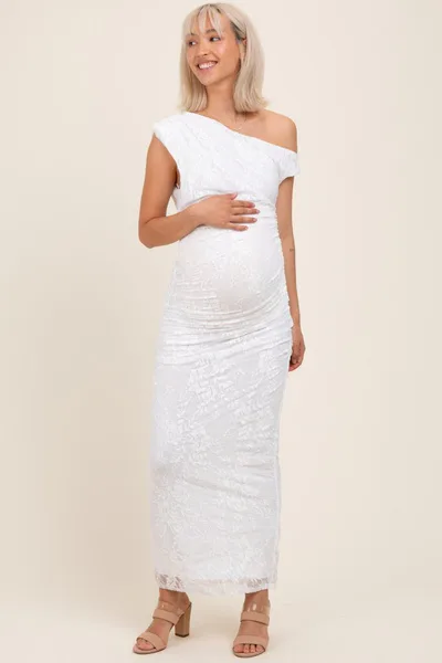 PinkBlush White Lace Asymmetrical Ruched Maternity Maxi Dress