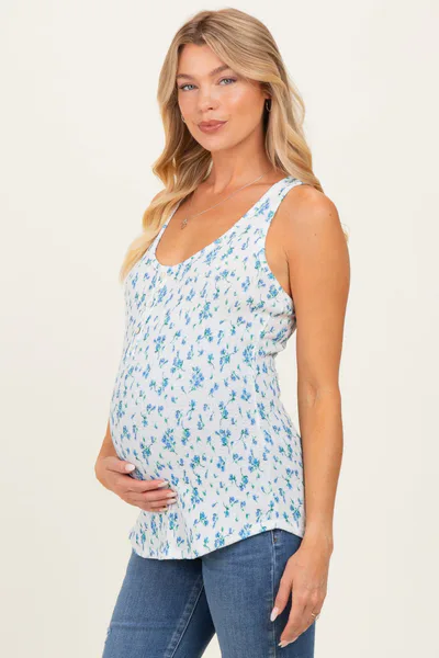 PinkBlush Blue Floral Print Button Front Maternity Tank Top