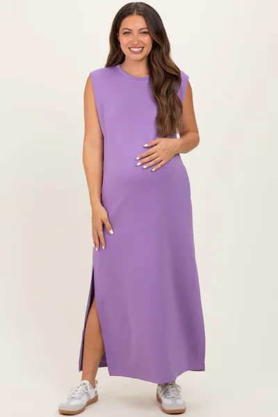PinkBlush Lavender Sleeveless Side Slit Maternity Midi Dress