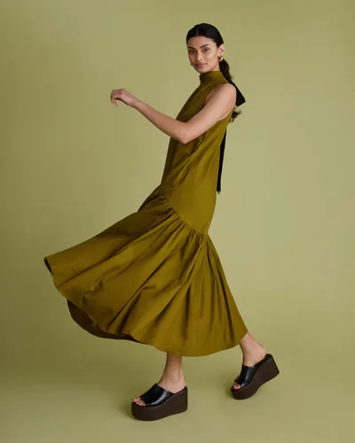 For The Creators Cotton Bow Khaki Dress