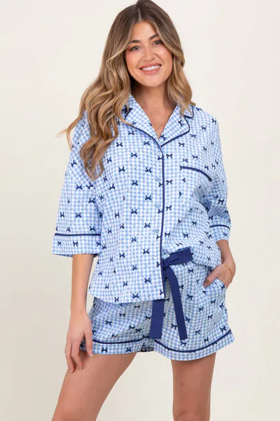 PinkBlush Light Blue Bow Print Gingham Pajama Short Maternity Set