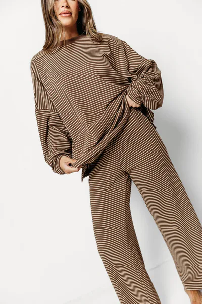 Worth Collective Campbell Striped Fleece Lounge Pants in Dark Mocha