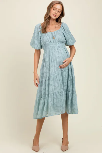PinkBlush Light Blue Textured Floral Short Sleeve Maternity Midi Dress