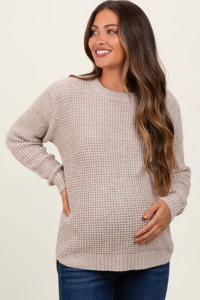 PinkBlush Dark Beige Waffle Knit Rounded Hem Maternity Sweater