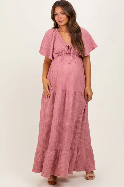 PinkBlush Mauve Woven Textured Flutter Sleeve V-Neck Tiered Maternity Maxi Dress