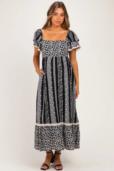PinkBlush Black Floral Border Print Flutter Sleeve Maternity Maxi Dress