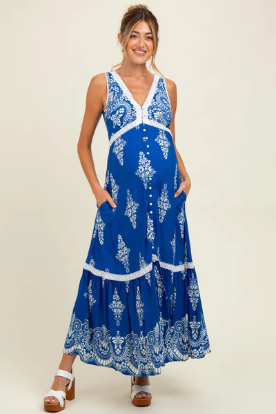 PinkBlush Royal Blue Border Print Resort Maternity Maxi Dress