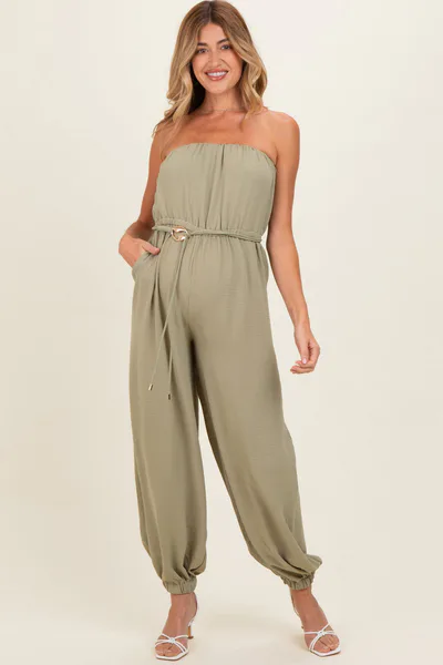 PinkBlush Olive Crinkled Tube Balloon Maternity Jumpsuit