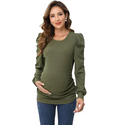 Target Coolmee Women's Maternity Shirt Long Puff Sleeve Top Casual Crew Neck Ruched Side Blouse Army Green 2XL