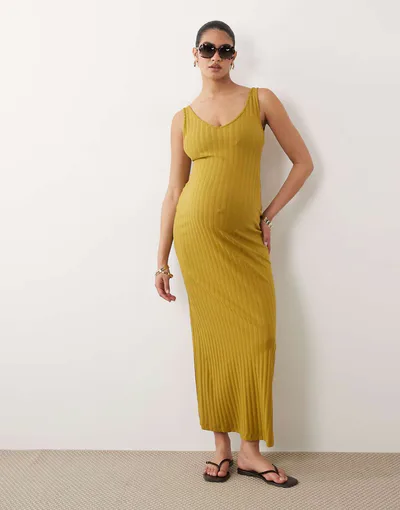 ASOS wide rib sleeveless V neck midi dress in khaki