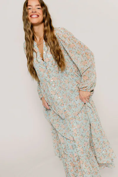 Worth Collective Anna Floral Button-Down Maxi Dress in Light Blue - Bump Friendly