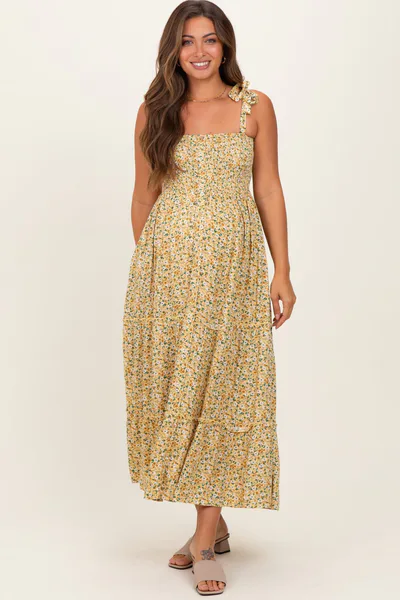 PinkBlush Yellow Floral Button Down Shoulder Tie Maternity Maxi Dress