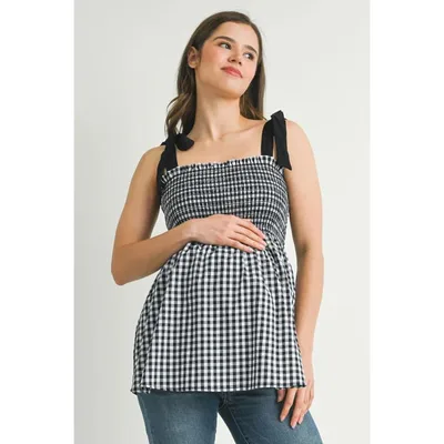 Target Hello Miz Women's Gingham Smocked Tie Strap Maternity Top  - Black - Medium