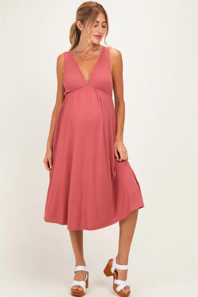 PinkBlush Mauve Sleeveless Ribbed Knit A-Line Maternity Midi Dress