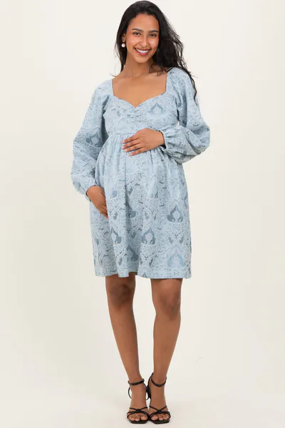 PinkBlush Light Blue Damask Jacquard Long Sleeve Maternity Dress