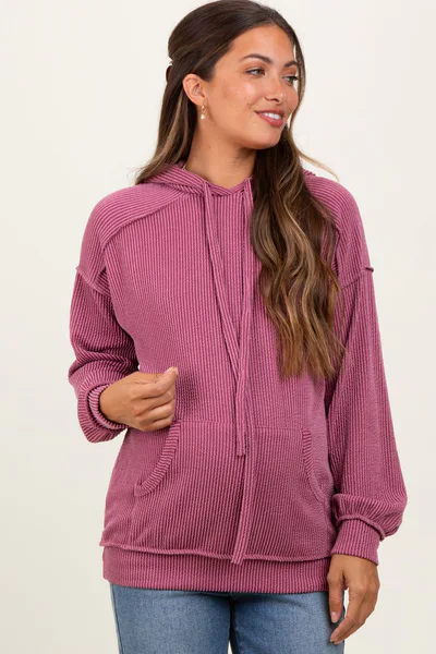PinkBlush Mauve Ribbed Front Pocket Maternity Drawstring Hoodie