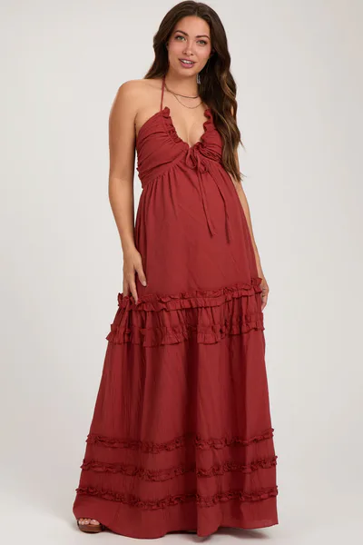 PinkBlush Rust Ruffle Ruched Deep V-Neck Maternity Maxi Dress