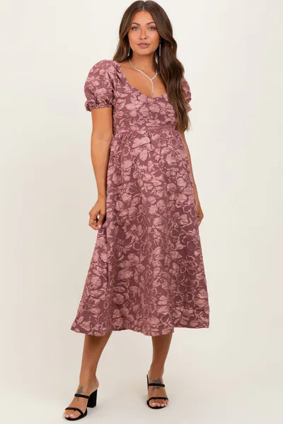 PinkBlush Mauve Floral Jacquard Puff Sleeve Maternity Midi Dress