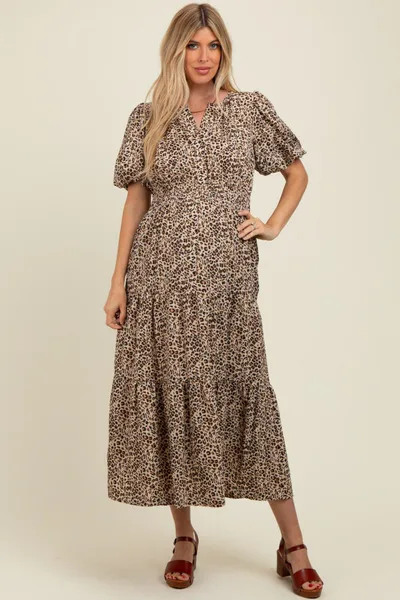 PinkBlush Brown Animal Print Tiered Maternity Midi Dress