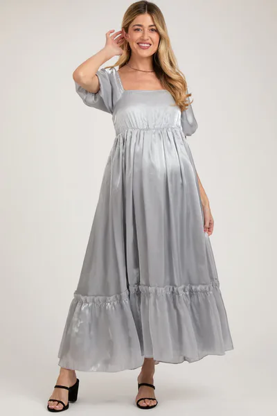 PinkBlush Silver Satin Square Neck Short Puff Sleeve Maternity Maxi Dress
