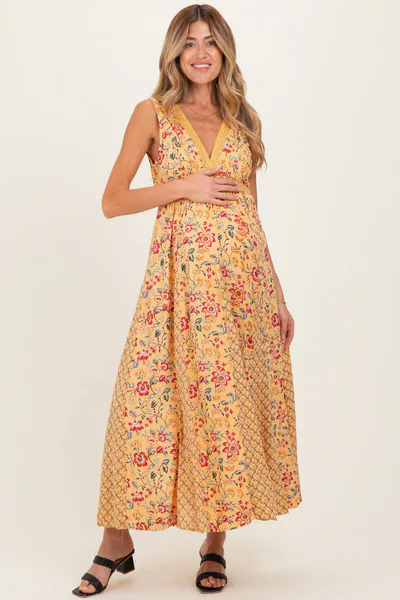 PinkBlush Yellow V Neck Lace Trim Twin Print Maternity  Maxi Tank Dress