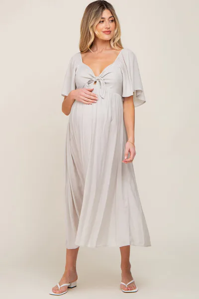 PinkBlush Grey Front Tie Ruffle Sleeve Maternity Midi Dress
