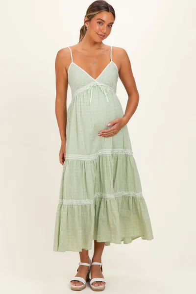 PinkBlush Mint Cream Printed Lace Tiered Maternity Maxi Dress