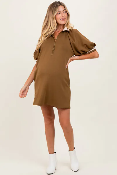 PinkBlush Olive Half Zip Puff Sleeve Maternity Mini Dress