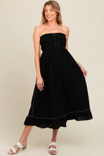 PinkBlush Black Smocked Strapless Maternity Midi Dress