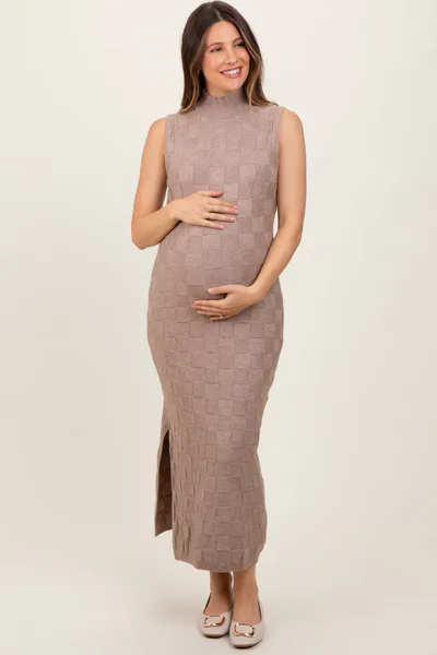 PinkBlush Mocha Checkered Knit Mock Neck Side Slit Maternity Maxi Dress