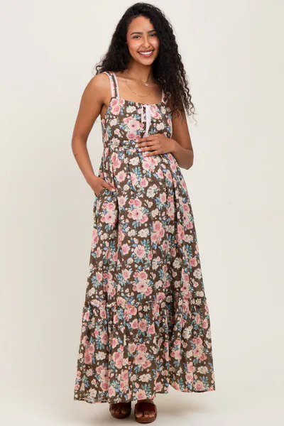 PinkBlush Mocha Floral Ruffle Detail Maternity Maxi Dress