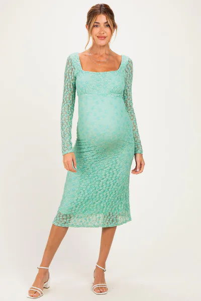PinkBlush Green Floral Lace Long Sleeve Square Neck Maternity Midi Dress