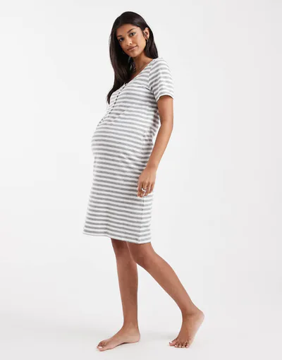ASOS Mamalicious Maternity 2 function nursing nightdress in light gray and white stripe