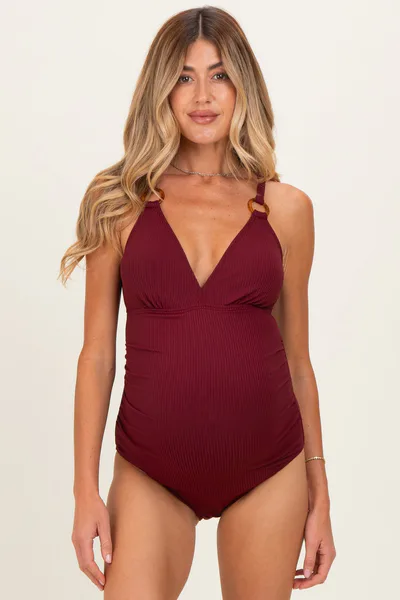 PinkBlush Dark Red Ribbed O-Ring Strap Cutout Back One Piece Maternity Swimsuit