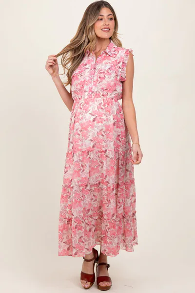 PinkBlush Pink Floral Print Chiffon Tiered Maternity Maxi Dress