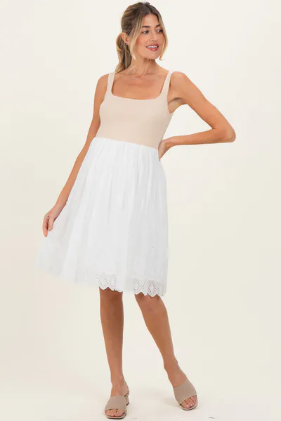 PinkBlush Beige Knit Contrast Eyelet Lace Skirt Maternity Mini Dress