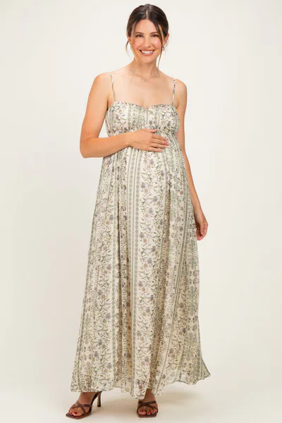 PinkBlush Cream Floral Empire Waist Sleeveless Maternity Midi Dress
