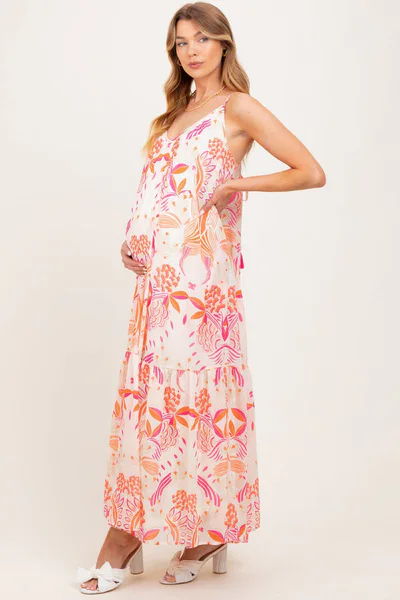 PinkBlush Orange Floral Tie Back Maternity Maxi Dress