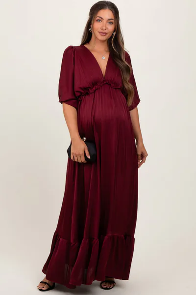 PinkBlush Burgundy Striped Ruffle Accent Maternity Maxi Dress