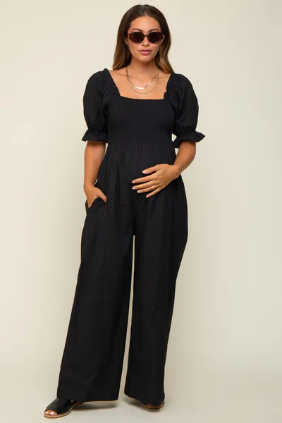 PinkBlush Black Smocked Square Neck Wide Leg Maternity Jumpsuit