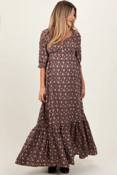 PinkBlush Chestnut Floral Sweetheart Neckline Maternity Maxi Dress